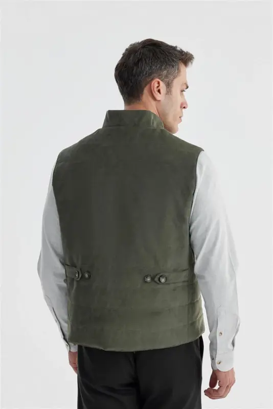 Khaki Mandarin Collar Reversible Slim Fit Vest - 4