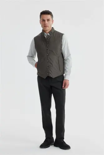 Khaki Mandarin Collar Reversible Slim Fit Vest - 5