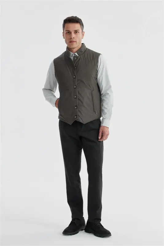 Khaki Mandarin Collar Reversible Slim Fit Vest - 5