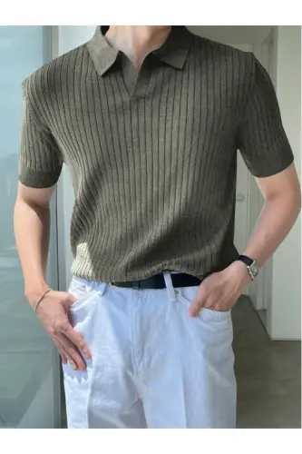 Khaki Men's Ribbed Polo Collar Knitted T-Shirt-Khaki 