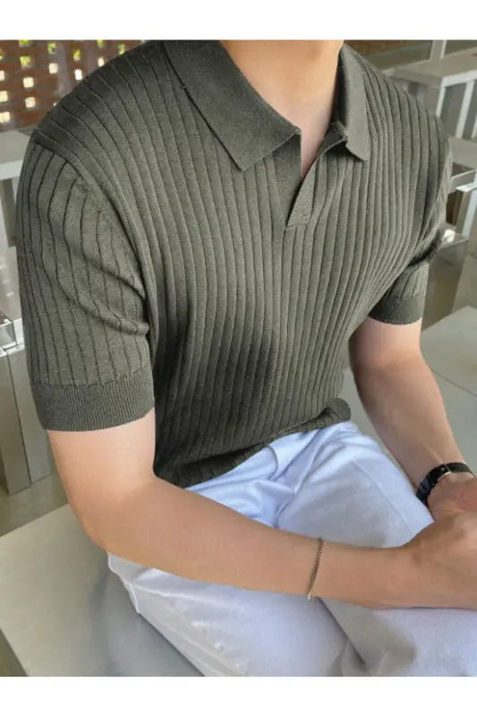 Khaki Men's Ribbed Polo Collar Knitted T-Shirt-Khaki - 3