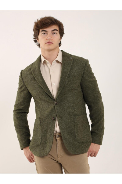 Khaki Men's Slim Fit Plain Cashmere Mono Collar Jacket - 96580 - 7