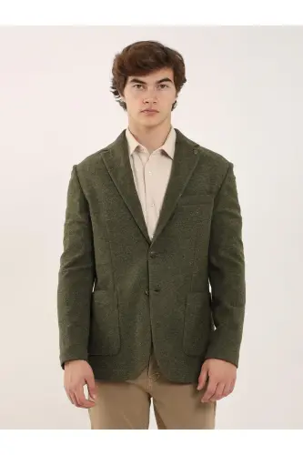 Khaki Men's Slim Fit Plain Wool Blend Single Collar Jacket - 965 - 1