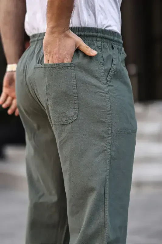 Khaki Men's Summer Linen Blend Relaxed Trousers - 1