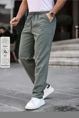 Khaki Men's Summer Linen Blend Relaxed Trousers - COMBİNE MİCHAİL (1)