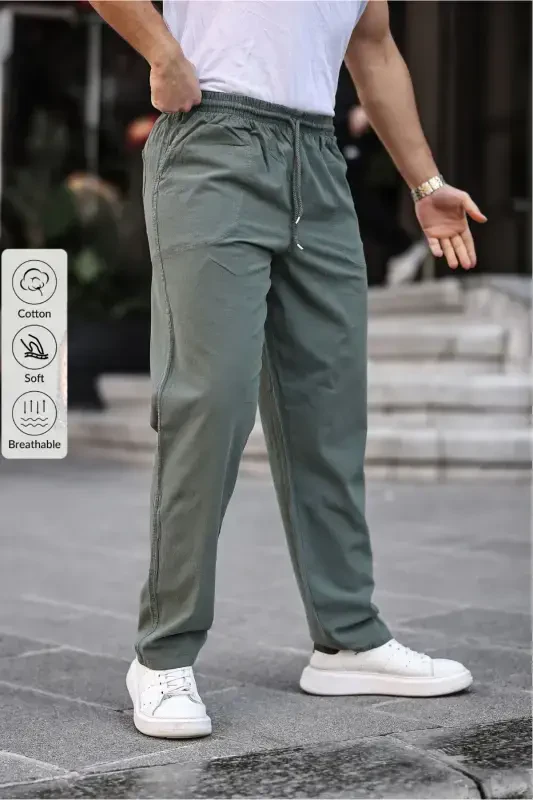 Khaki Men's Summer Linen Blend Relaxed Trousers - 3