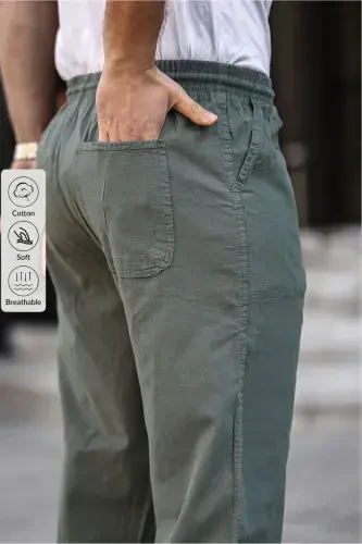 Khaki Men's Summer Linen Blend Relaxed Trousers - 4