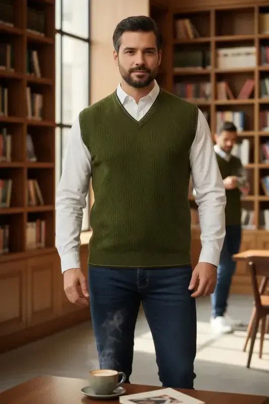 Khaki Men's V-Neck Knitted Anti-Pilling Vest Regular Fit Cable Knit Pattern - Khaki - 1