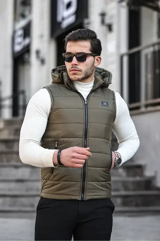 Khaki Men's Water Windproof Padded Inflatable Seasonal Spring Detachable Hood Vest Jacket Mo-Khaki - ROMPASSO