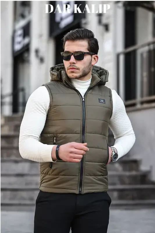 Khaki Men's Water Windproof Padded Inflatable Seasonal Spring Detachable Hood Vest Jacket Mo-Khaki - 2