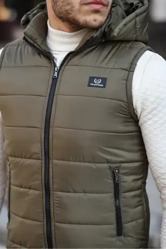 Khaki Men's Water Windproof Padded Inflatable Seasonal Spring Detachable Hood Vest Jacket Mo-Khaki - 3