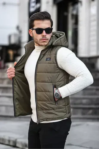 Khaki Men's Water Windproof Padded Inflatable Seasonal Spring Detachable Hood Vest Jacket Mo-Khaki - 4