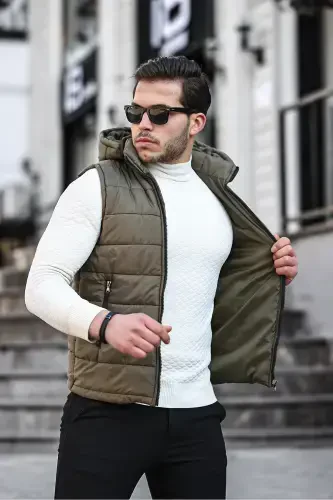 Khaki Men's Water Windproof Padded Inflatable Seasonal Spring Detachable Hood Vest Jacket Mo-Khaki - 5
