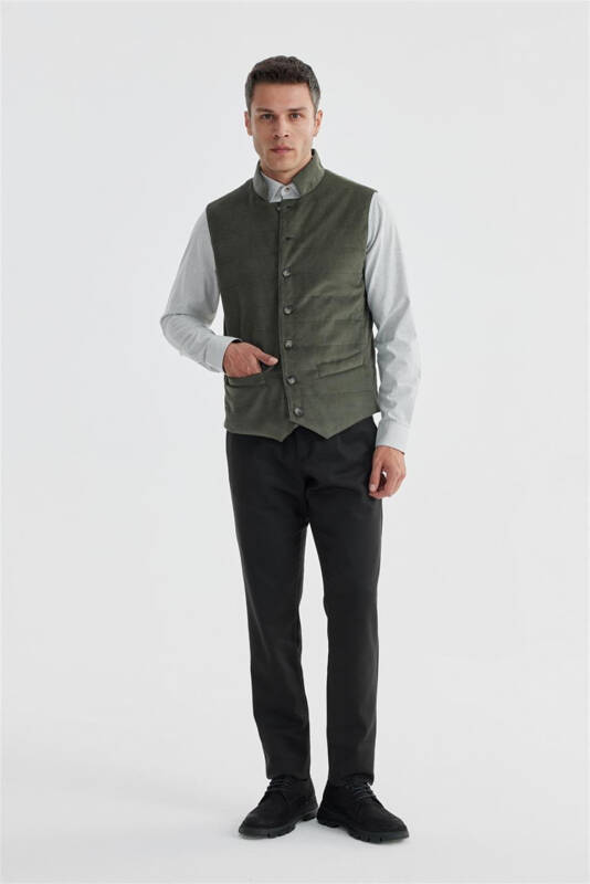 Khaki Notch Lapel Double-Breasted Slim Fit Vest - 1