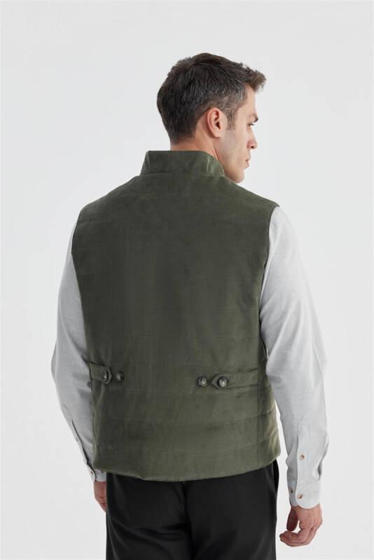 Khaki Notch Lapel Double-Breasted Slim Fit Vest - 4