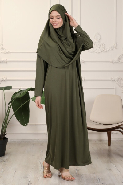 Khaki One-Piece Easy to Use Prayer Dress with Built-in Headscarf - 5