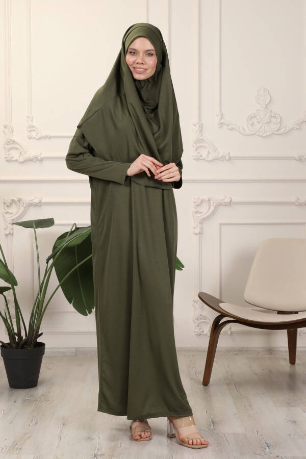 Khaki One-Piece Easy to Use Prayer Dress with Built-in Headscarf - 7