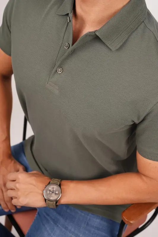 Khaki Patterned Men's Polo Neck T-Shirt-Khaki - ETIKMEN