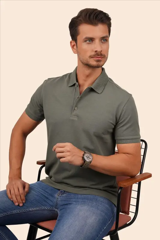 Khaki Patterned Men's Polo Neck T-Shirt-Khaki - 2