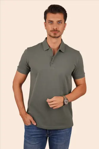 Khaki Patterned Men's Polo Neck T-Shirt-Khaki - 4
