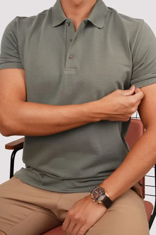 Khaki Patterned Men's Polo Neck T-Shirt-Khaki - 6