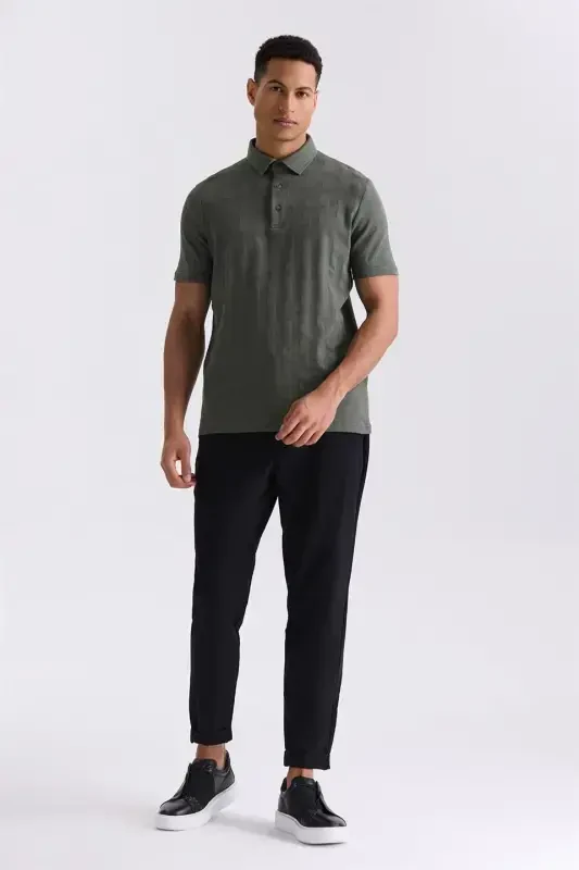 Khaki Patterned Slim Fit Polo Neck T-shirt - 4