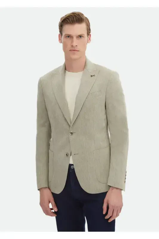 Khaki Patterned Zeroweight Slim Fit Cotton Blend Jacket - 1