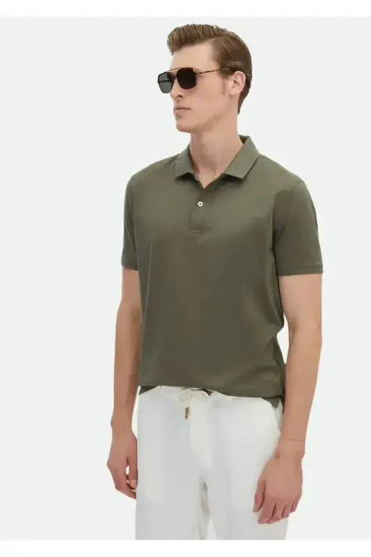 Khaki Plain Polo Collar 100% Cotton T-Shirt - RAMSEY