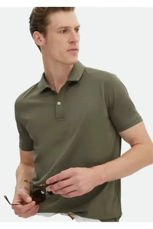 Khaki Plain Polo Collar 100% Cotton T-Shirt - 3