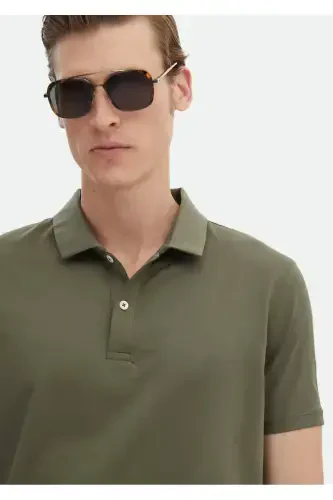 Khaki Plain Polo Collar 100% Cotton T-Shirt - 4