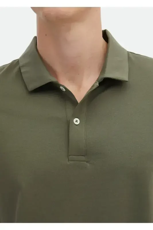 Khaki Plain Polo Collar 100% Cotton T-Shirt - 5