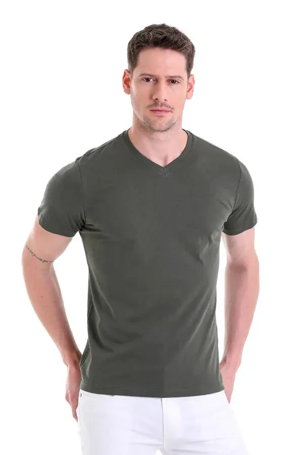 Khaki Plain Regular Fit 100% Cotton V-Neck T-Shirt-Khaki - 1