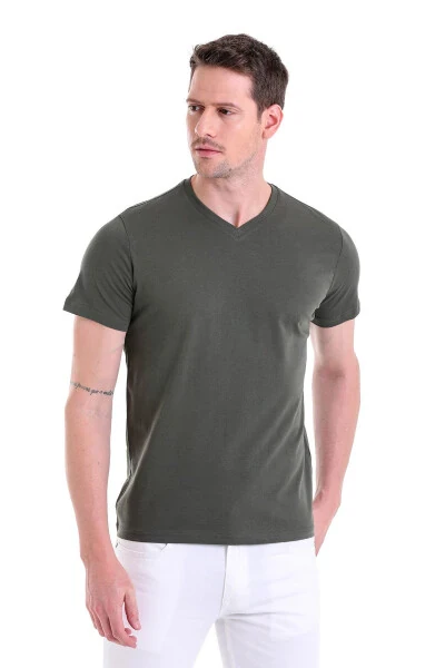 Khaki Plain Regular Fit 100% Cotton V-Neck T-Shirt-Khaki - 3