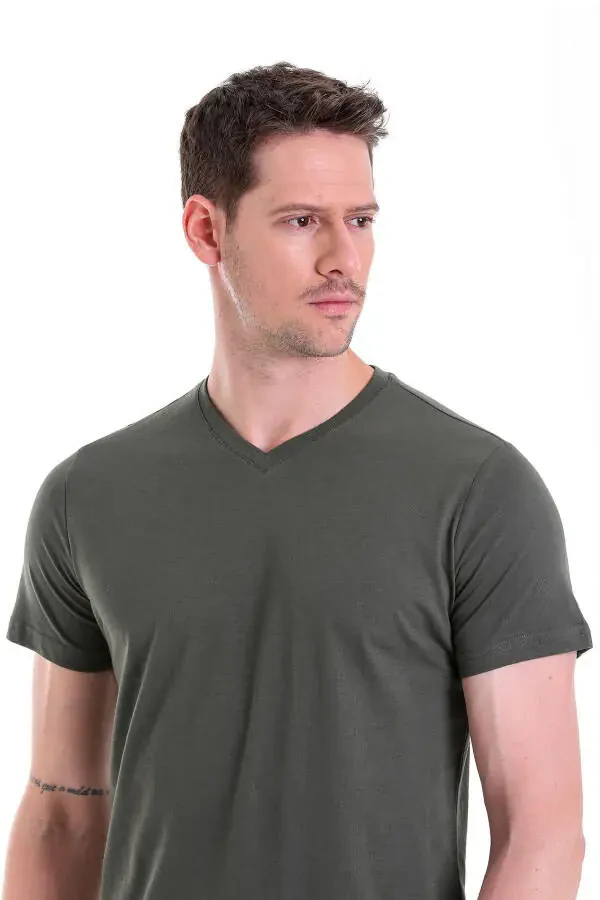 Khaki Plain Regular Fit 100% Cotton V-Neck T-Shirt-Khaki - 4