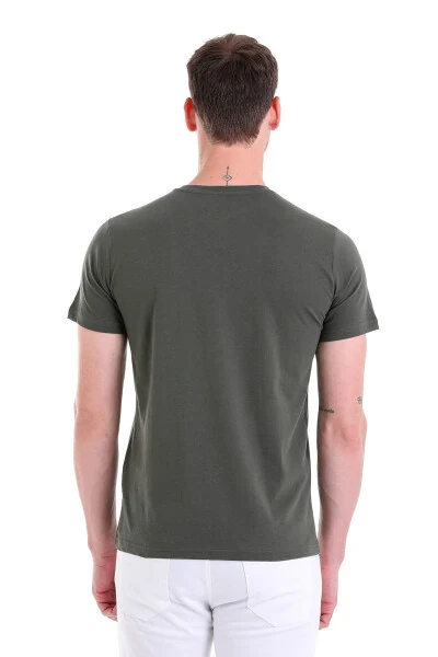 Khaki Plain Regular Fit 100% Cotton V-Neck T-Shirt-Khaki - 5