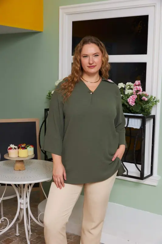 Khaki Plus Size Blouse with Collar Detail - 1