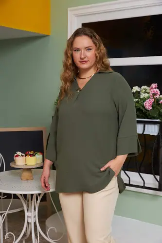 Khaki Plus Size Blouse with Collar Detail - BÜYÜKBEDENIZ (1)