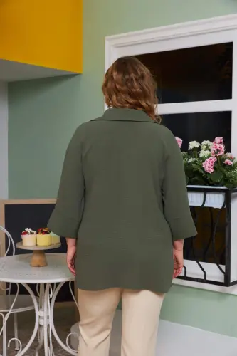 Khaki Plus Size Blouse with Collar Detail - 4
