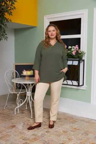 Khaki Plus Size Blouse with Collar Detail - 5