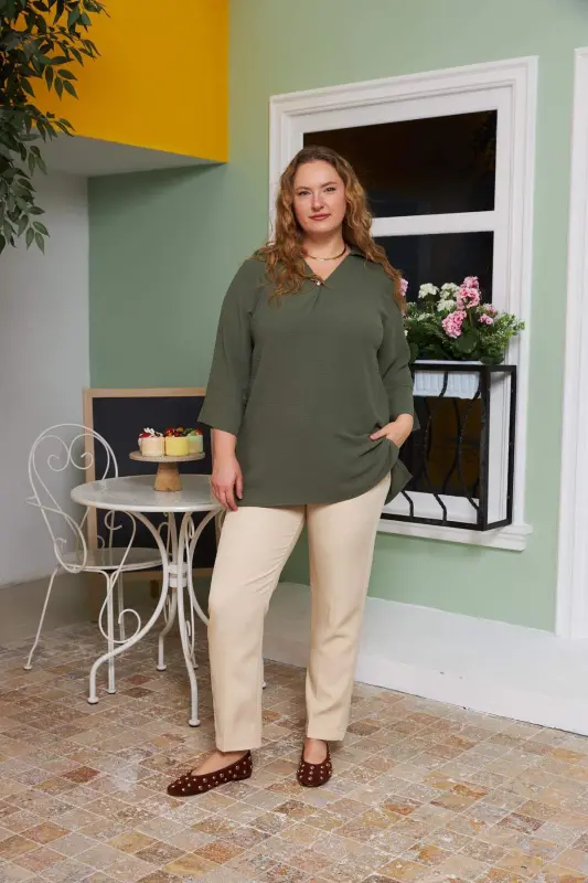 Khaki Plus Size Blouse with Collar Detail - 5