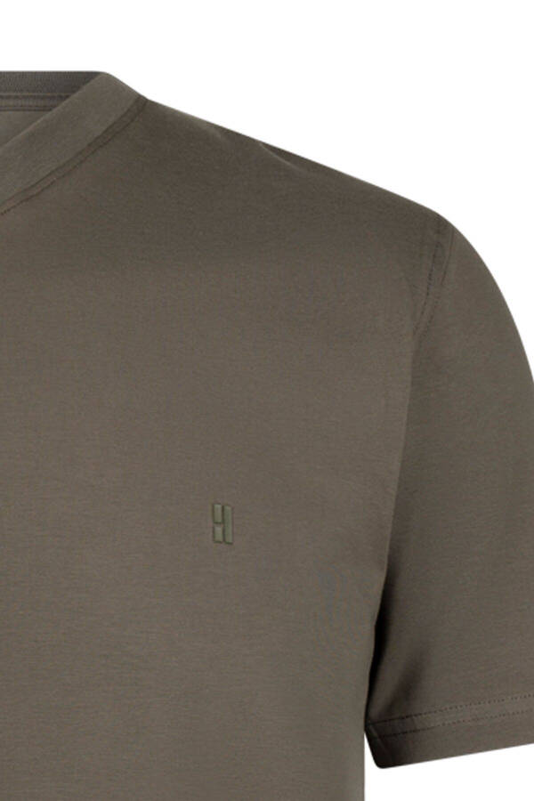 Khaki Regular Fit Crew Neck Cotton T-Shirt-Khaki - 3