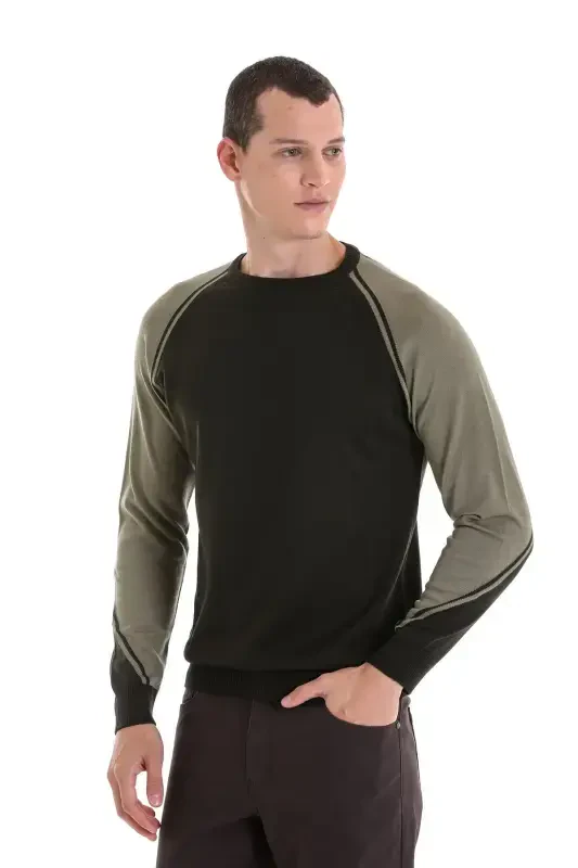 Khaki Regular Fit Crew Neck Jacquard Wool Knitwear - 2