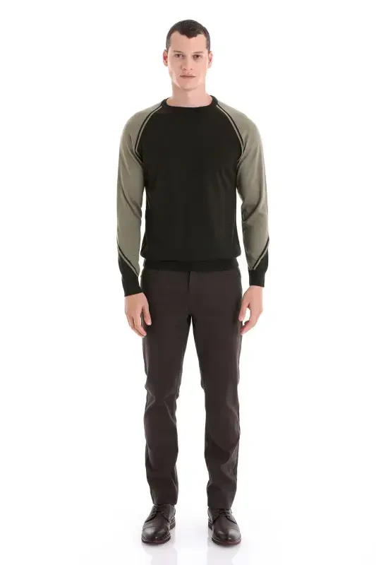 Khaki Regular Fit Crew Neck Jacquard Wool Knitwear - 3