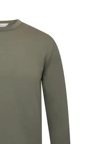 Khaki Regular Fit Crew Neck Rayon Knit Sweater-Khaki - 3