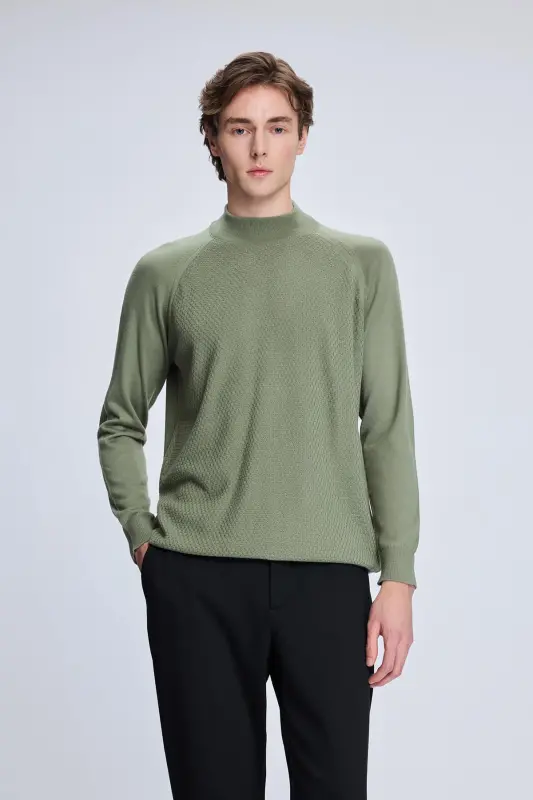 Khaki Regular Fit Jacquard Mock Neck Wool Blend - 1
