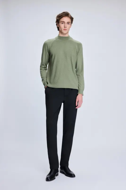 Khaki Regular Fit Jacquard Mock Neck Wool Blend - 2