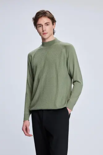Khaki Regular Fit Jacquard Mock Neck Wool Blend - 3