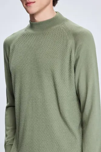 Khaki Regular Fit Jacquard Mock Neck Wool Blend - 4