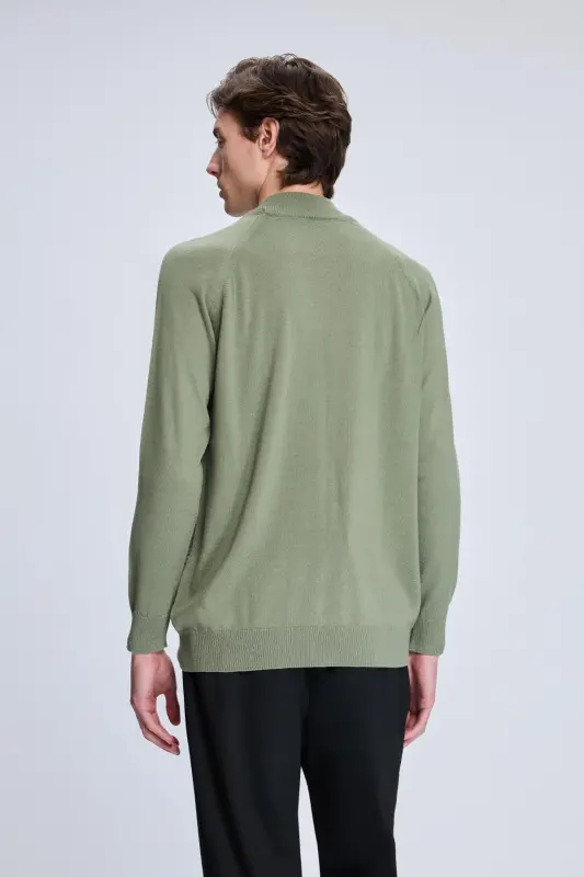 Khaki Regular Fit Jacquard Mock Neck Wool Blend - 5