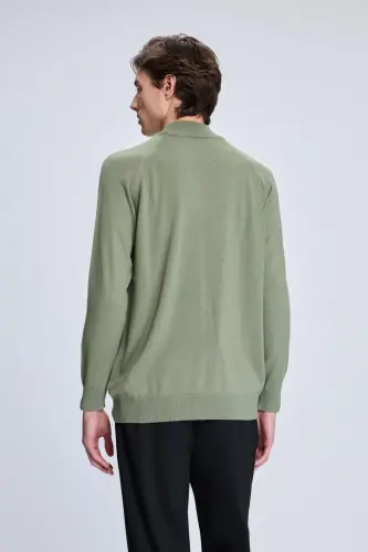 Khaki Regular Fit Jacquard Mock Neck Wool Blend - 10